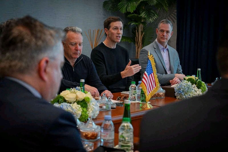 Jared Kushner speaks as he sits beside United States Special Envoy Steve Witkoff, during trilateral talks between the U.S., Russia and Ukraine, at Al Shati Palace in Abu Dhabi, United Arab Emirates, January 24, 2026.