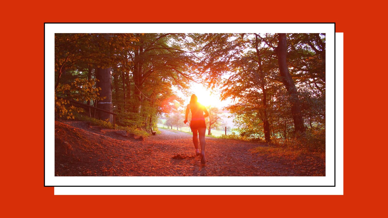 A woman runs toward the sunset in the fall.