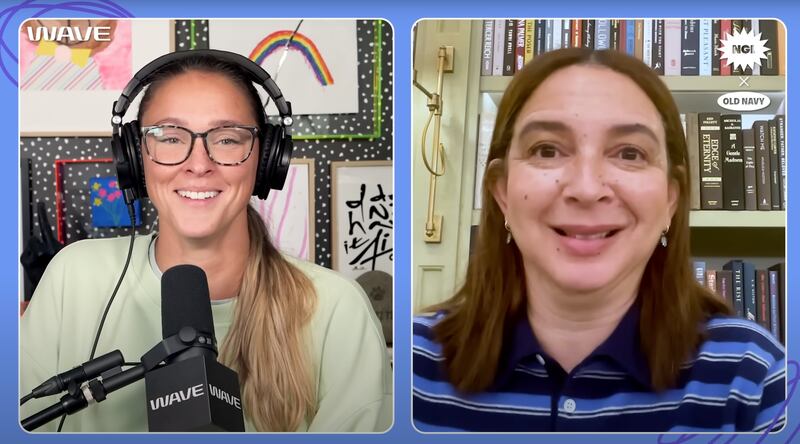 Screenshot from "Not Gonna Lie with Kylie Kelce" featuring Kylie Kelce (left) and Maya Rudolph (right)