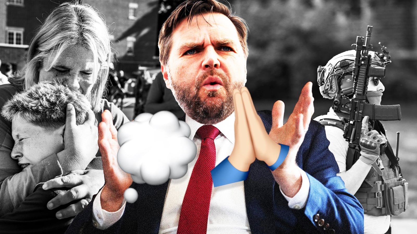 JD Vance in front of images from the Minneapolis shooting with a speech bubble and prayer hands emoji