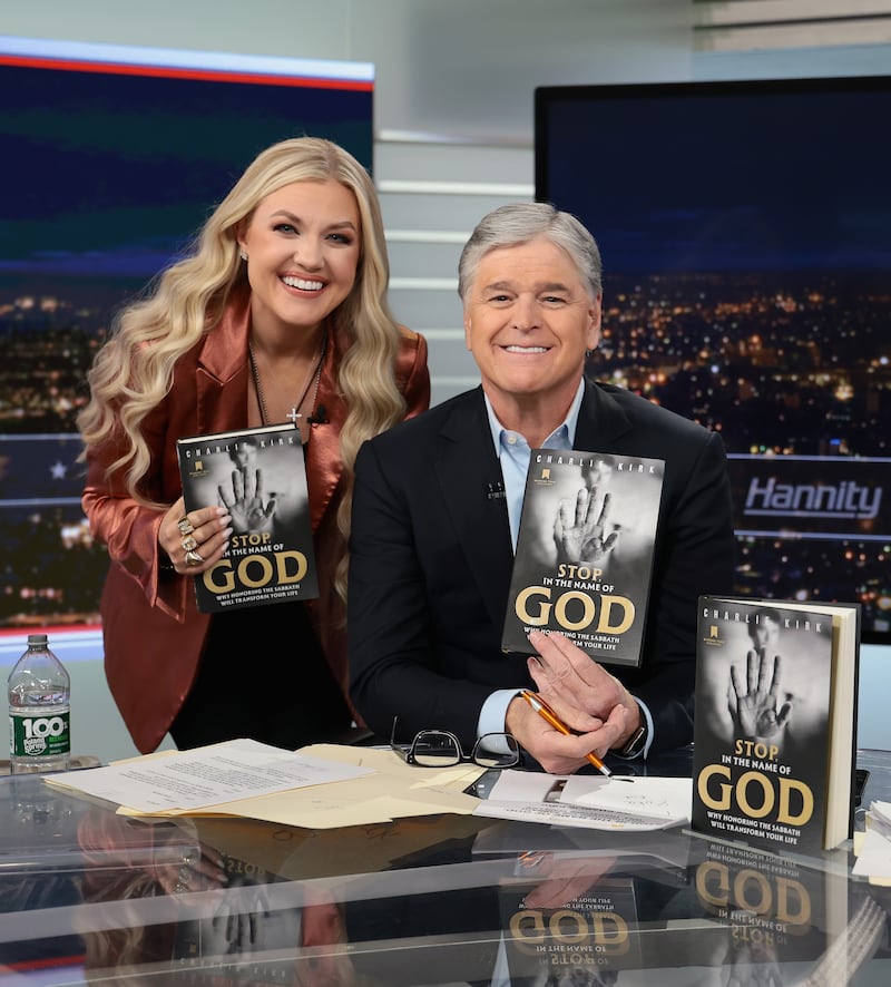 NEW YORK, NEW YORK - DECEMBER 08: Erika Kirk and Sean Hannity discuss the newly released book "Stop, In The Name of God: Why Honoring The Sabbath Will Transform Your Life" on "Hannity" at Fox News Channel Studios on December 08, 2025 in New York City. (Photo by Dimitrios Kambouris/Getty Images)