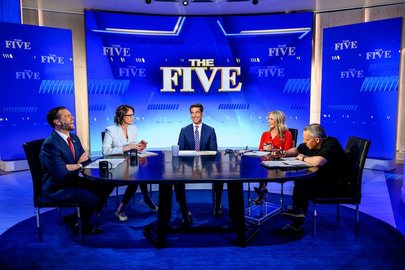 Hosts Jessica Tarlov, Jesse Watters, Dana Perino and Greg Gutfeld with Vice President of the United States JD Vance discusses new his book "Communion: Finding My Way Back to Faith" as he visits "The Five" at Fox News Channel Studios on June 16, 2026 in New York City.