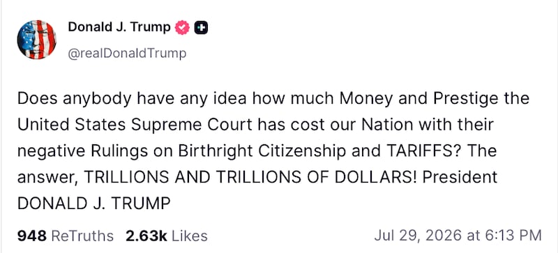 Trump insisted the Supreme Court had cost the country "trillions" of dollars.