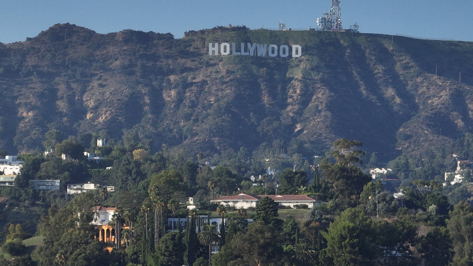 Aerial drone view of the Hollywood Sign and Hollywood Hills.