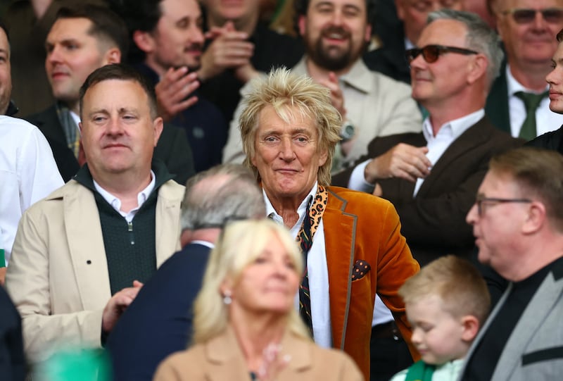 Rod Stewart attends a Scottish Premiership soccer match in May.