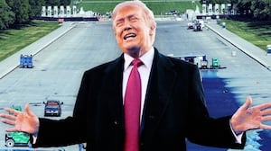 A photo illo illustration of Donald Trump in front of workers inside the Lincoln Memorial Reflecting Pool.