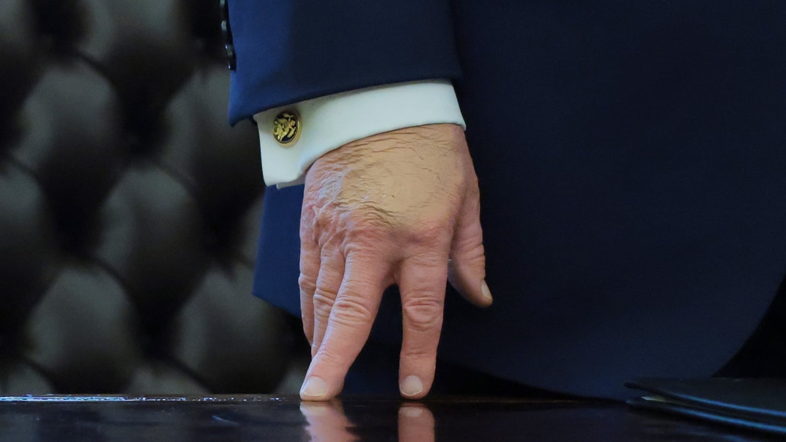 President Donald Trump speaks during a ceremony for the presentation of the Mexican Border Defense Medal in the Oval Office of the White House on December 15, 2025