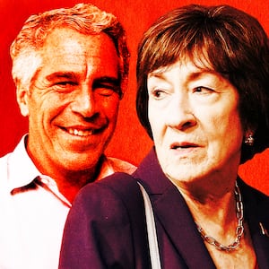 A photo illustration of Jeffrey Epstein and Susan Collins.