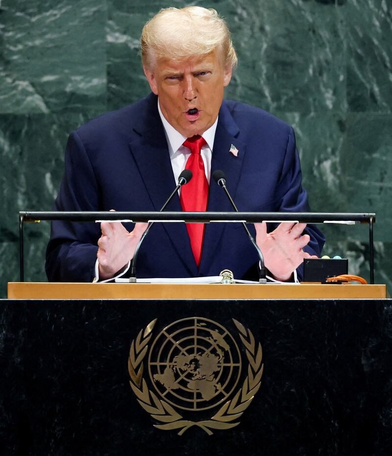 U.S. President Donald Trump addresses the 80th United Nations General Assembly at U.N. headquarters in New York City, U.S., September 23, 2025.  REUTERS/MIKE SEGAR     TPX IMAGES OF THE DAY