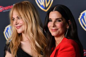 Australian actress/producer Nicole Kidman and U.S. actress/producer Sandra Bullock promote their upcoming film "Practical Magic 2" during the Warner Bros presentation at CinemaCon at The Colosseum at Caesars Palace in Las Vegas, Nevada, on April 14, 2026.