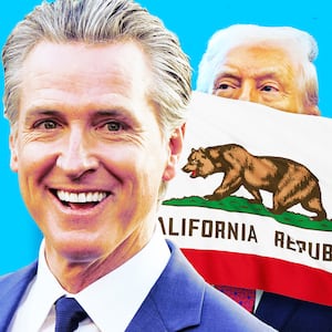 A photo illustration of Gavin Newsom, California flag, and Donald Trump.
