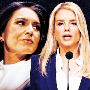 A photo illustration of Tulsi Gabbard and Pam Bondi.