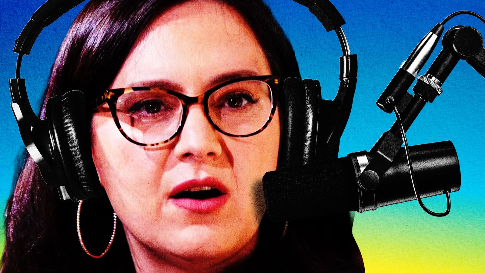 Bari Weiss wearing podcast headphones in front of a podcast mic