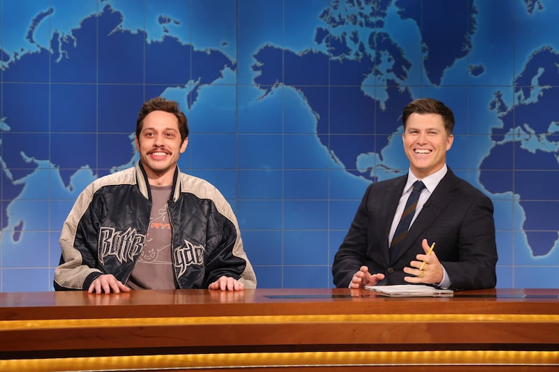 SATURDAY NIGHT LIVE -- Episode 1889 -- Pictured: (l-r) Pete Davidson and anchor Colin Jost during Weekend Update on Saturday, November 8, 2025