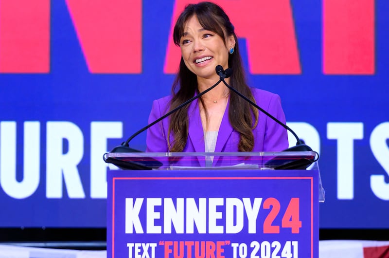Nicole Shanahan speaks during a campaign event at the Henry J. Kaiser Event Center in Oakland, California, on March 26, 2024. Independent US presidential candidate Robert F. Kennedy Jr. announced wealthy Silicon Valley lawyer and political newcomer Nicole Shanahan as his running mate March 26, 2024, as he pursues an anti-establishment campaign seen as an increasing threat to Democrat Joe Biden. (Photo by JOSH EDELSON / AFP) (Photo by JOSH EDELSON/AFP via Getty Images)