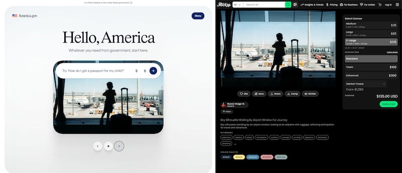 Side by side comparison of a screenshot from America.gov and the Stocksy stock image site where the photograph was found