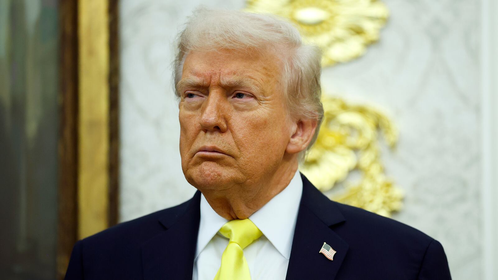 WASHINGTON, DC - OCTOBER 15: U.S. President Donald Trump looks on during a press conference in the Oval Office of the White House on October 15, 2025 in Washington, DC. Trump and Federal Bureau of Investigation Director Kash Patel provided an update on the Trump administration’s progress in reducing violent crime. (Photo by Kevin Dietsch/Getty Images)