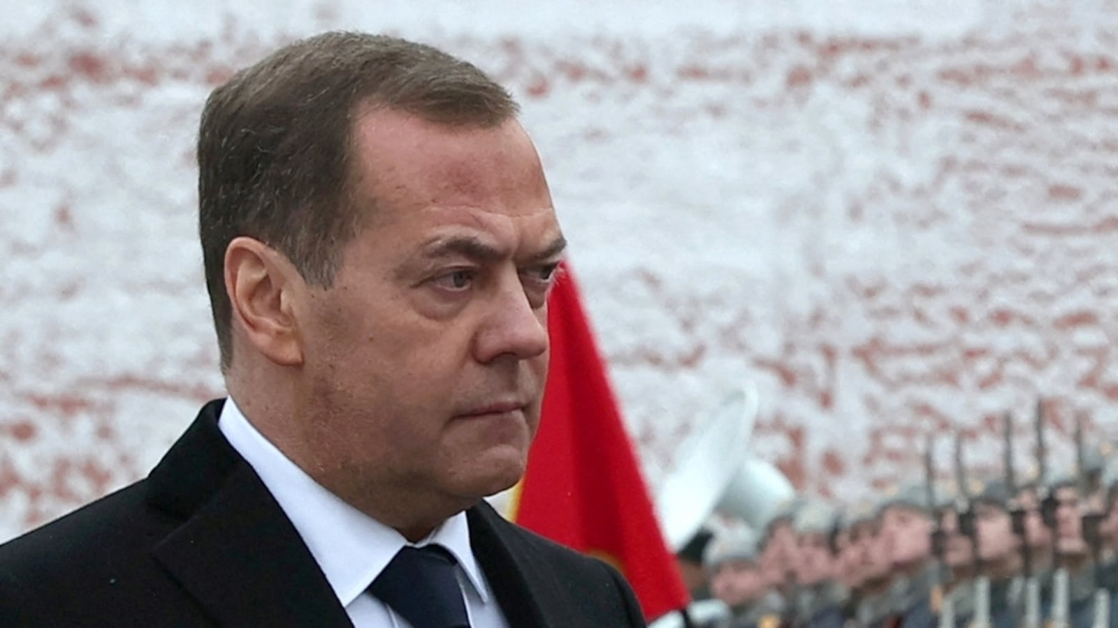 Dmitry Medvedev in snowy weather.