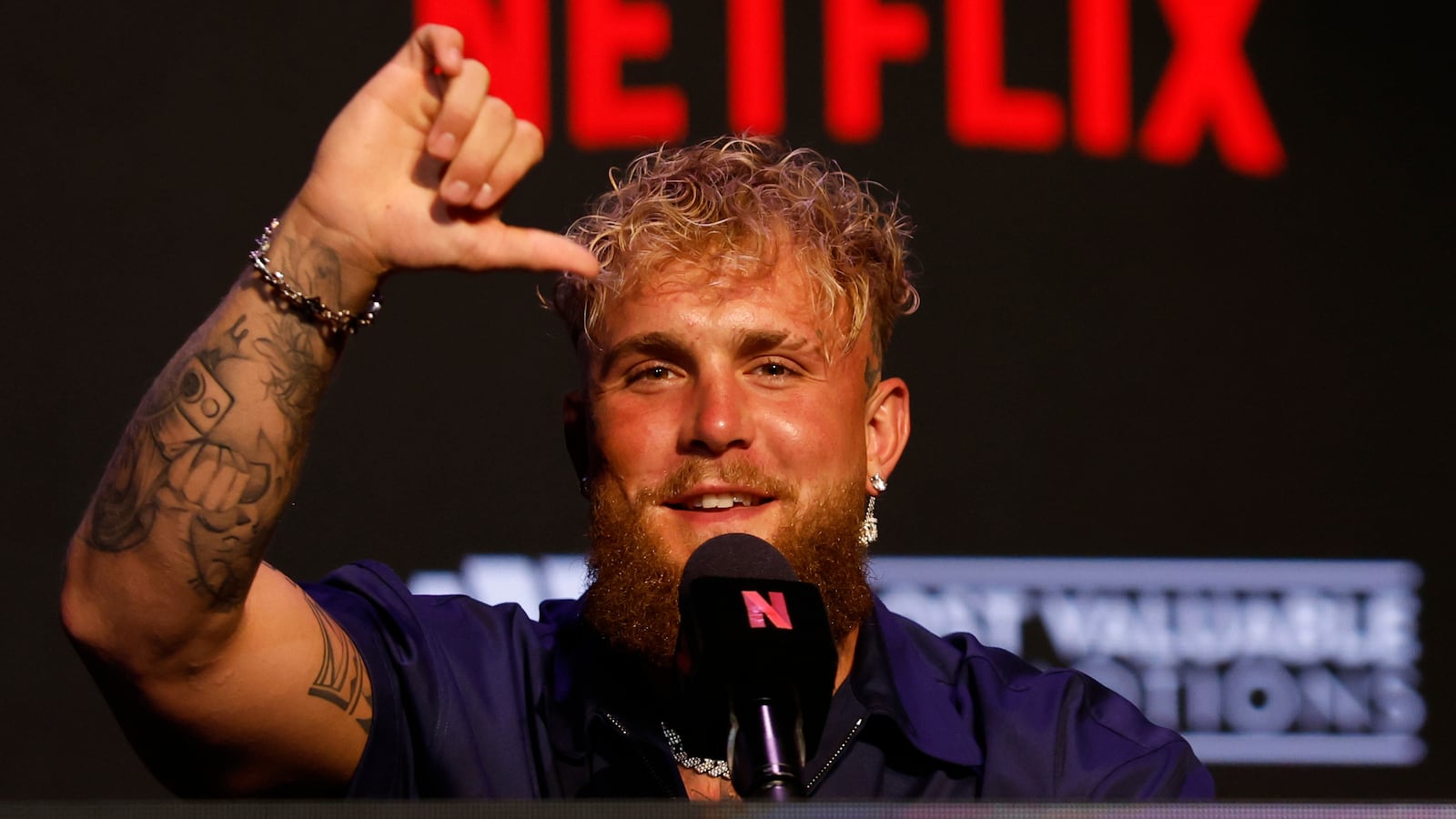 Jake Paul at a press conference for his fight against Mike Tyson.