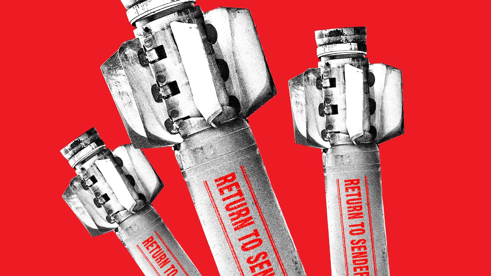 A photo illustration featuring cluster bombs with the label “return to sender” across them