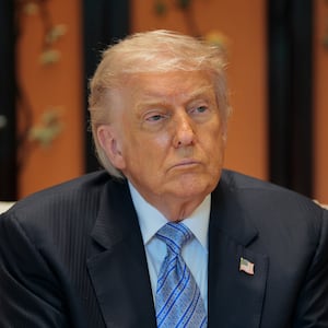 BEIJING, CHINA - MAY 15: U.S. President Donald Trump looks on during a meeting with Chinese President Xi Jinping (not pictured) on the sidelines of a visit to Zhongnanhai Garden on May 15, 2026 in Beijing, China. Trump and other U.S. officials are finishing up a visit intended to address the Iran conflict, trade imbalances, and the Taiwan situation while establishing new bilateral boards for economic and AI oversight. (Photo by Evan Vucci-Pool/Getty Images)