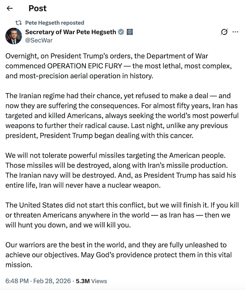 Pete Hegseth referred to "OPERATION EPIC FURY" as the most lethal, most complex, and most-precision aerial operation in history.