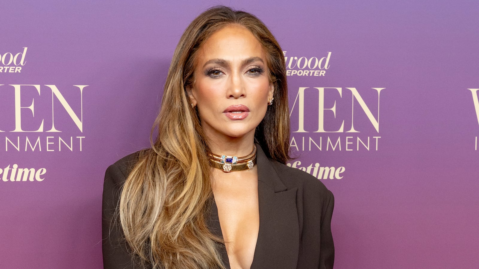 Jennifer Lopez in a plunging neckline earlier this month at the Hollywood Reporter's annual Women in Entertainment Gala on December 03, 2025.