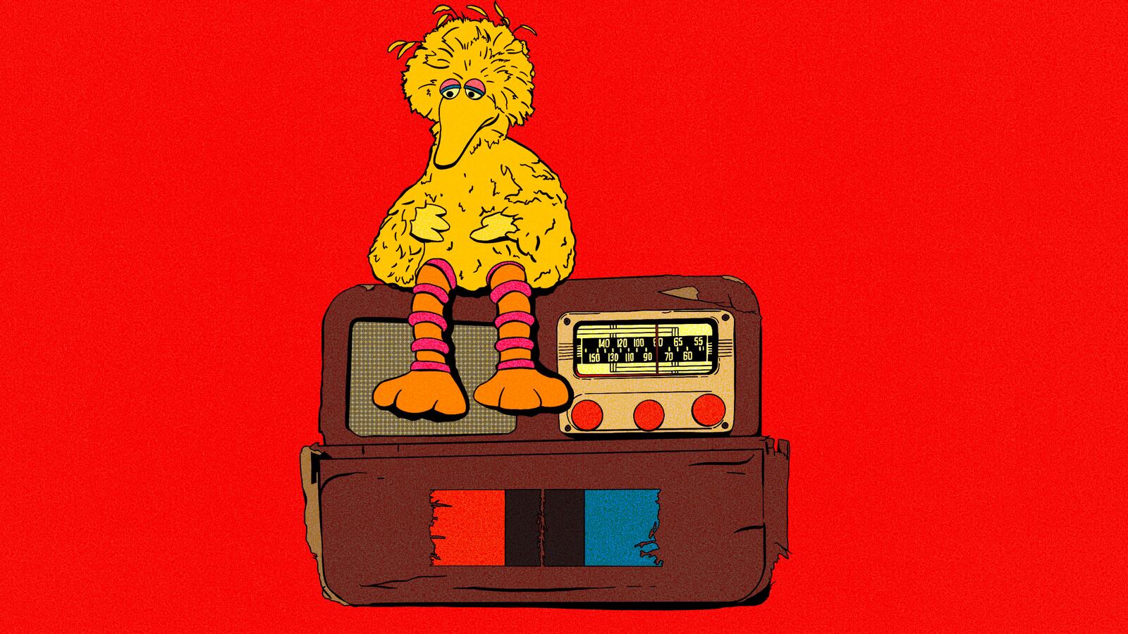 Big Bird sitting on an old radio with a distressed NPR logo sticker