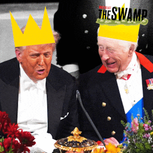 Donald Trump and King Charles wearing crowns with Trump's flashing on and off