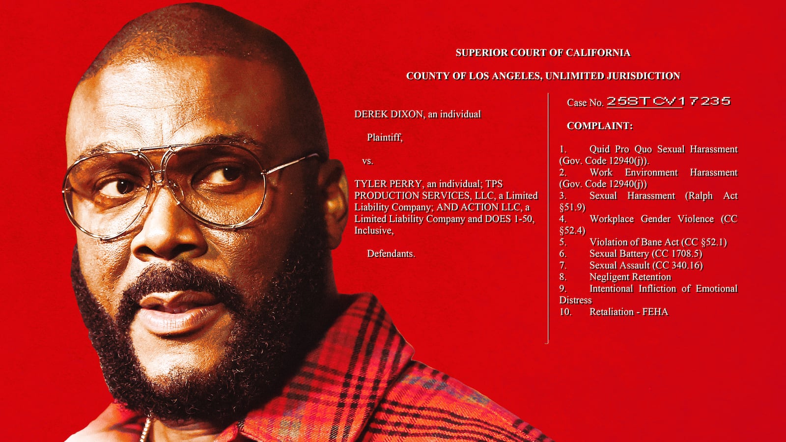 A photo illustration of Tyler Perry and text from the Derek Dixon lawsuit against Perry.