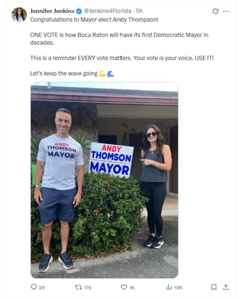 Jennifer Jenkins aims to replicate Thomson's win at the midterms in November.