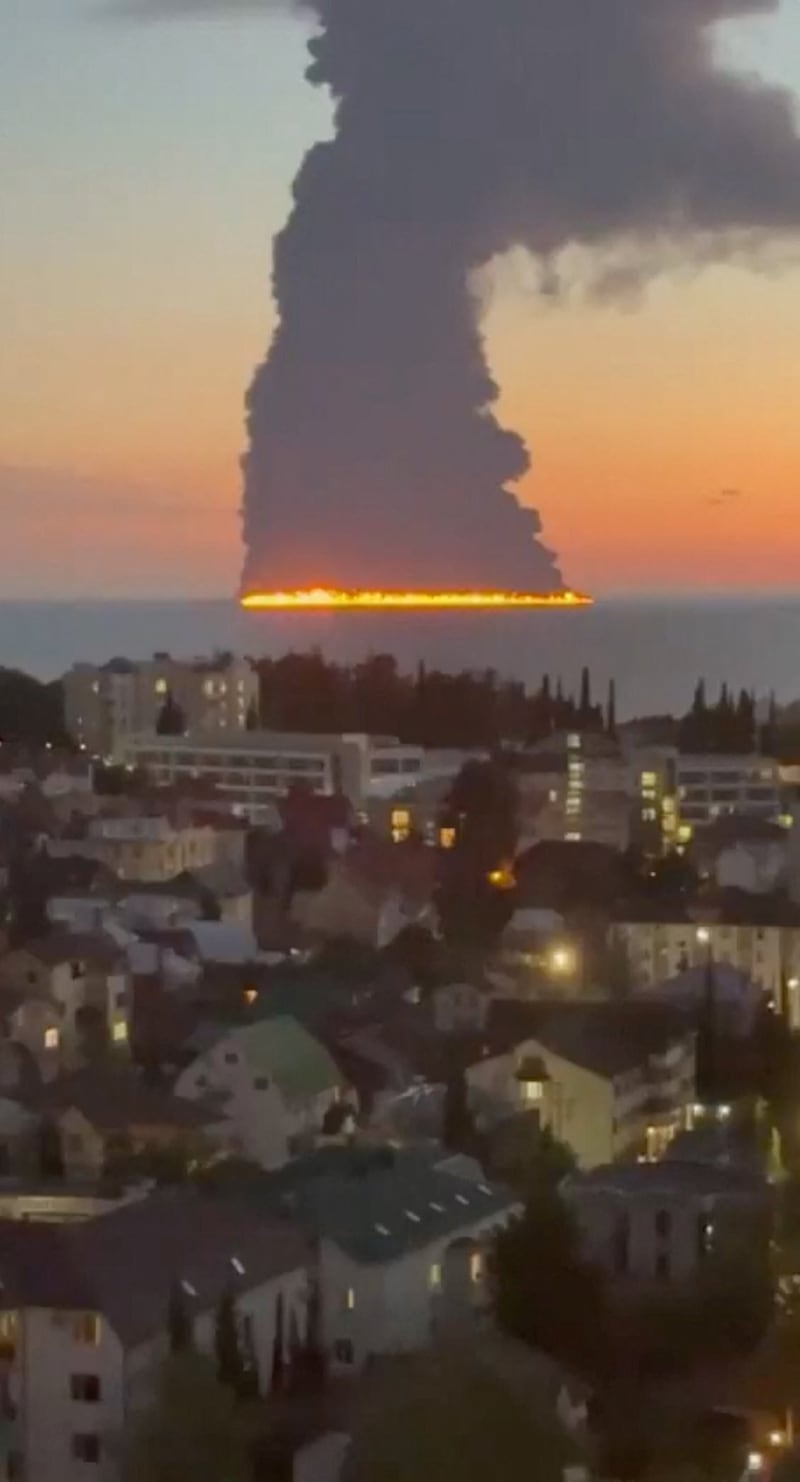 Smoke rises from a tanker that caught fire after coming under attack from an unmanned vessel, according to the Russian Transport Ministry, in Sochi, Russia, October 6, 2026, in this screen grab obtained from a social media video. SOCIAL MEDIA/via REUTERS  THIS IMAGE HAS BEEN SUPPLIED BY A THIRD PARTY. MANDATORY CREDIT. NO RESALES. NO ARCHIVES.  Verification: Reuters verified the location from the buildings, vegetation and shoreline, which matched archive and satellite imagery. Russian regional authorities in the settlement of Sirius said on Tuesday (October 6) that a tanker had caught fire in the Black Sea. According to the Russian Transport Ministry the tanker Aframax Rio was attacked by an unmanned vessel. Latest vessel tracking data from October 5 shows the Aframax Rio in the Black Sea, off the coast of Sirius. No older versions of the video were found posted online before October 6.