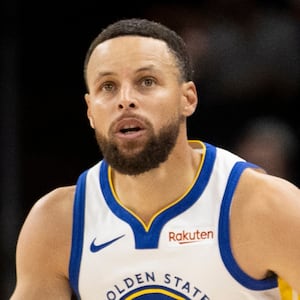 Golden State Warriors guard Stephen Curry (30) gestures after scoring a three-point shot during the first half of his NBA play-in tournament game against the Phoenix Suns at Mortgage Matchup Center in Phoenix, Ariz., Friday, April 17, 2026. (Photo by Stephen Lam/San Francisco Chronicle via Getty Images)