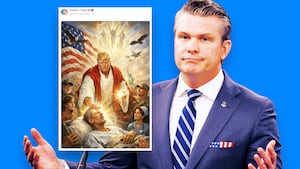 A photo composite of Pete Hegseth and the AI image Trump posted of himself as Jesus.