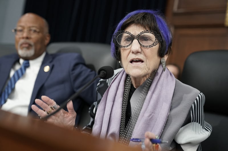 US Representative Rosa L. DeLauro (D-CT) asks questions to FBI Director Kash Patel during a House Commerce, Justice, Science, and Related Agencies Subcommittee hearing on the 2026 agency's budget request on Capitol Hill in Washington, DC, on May 7, 2025. (Photo by Oliver Contreras / AFP) (Photo by OLIVER CONTRERAS/AFP via Getty Images)