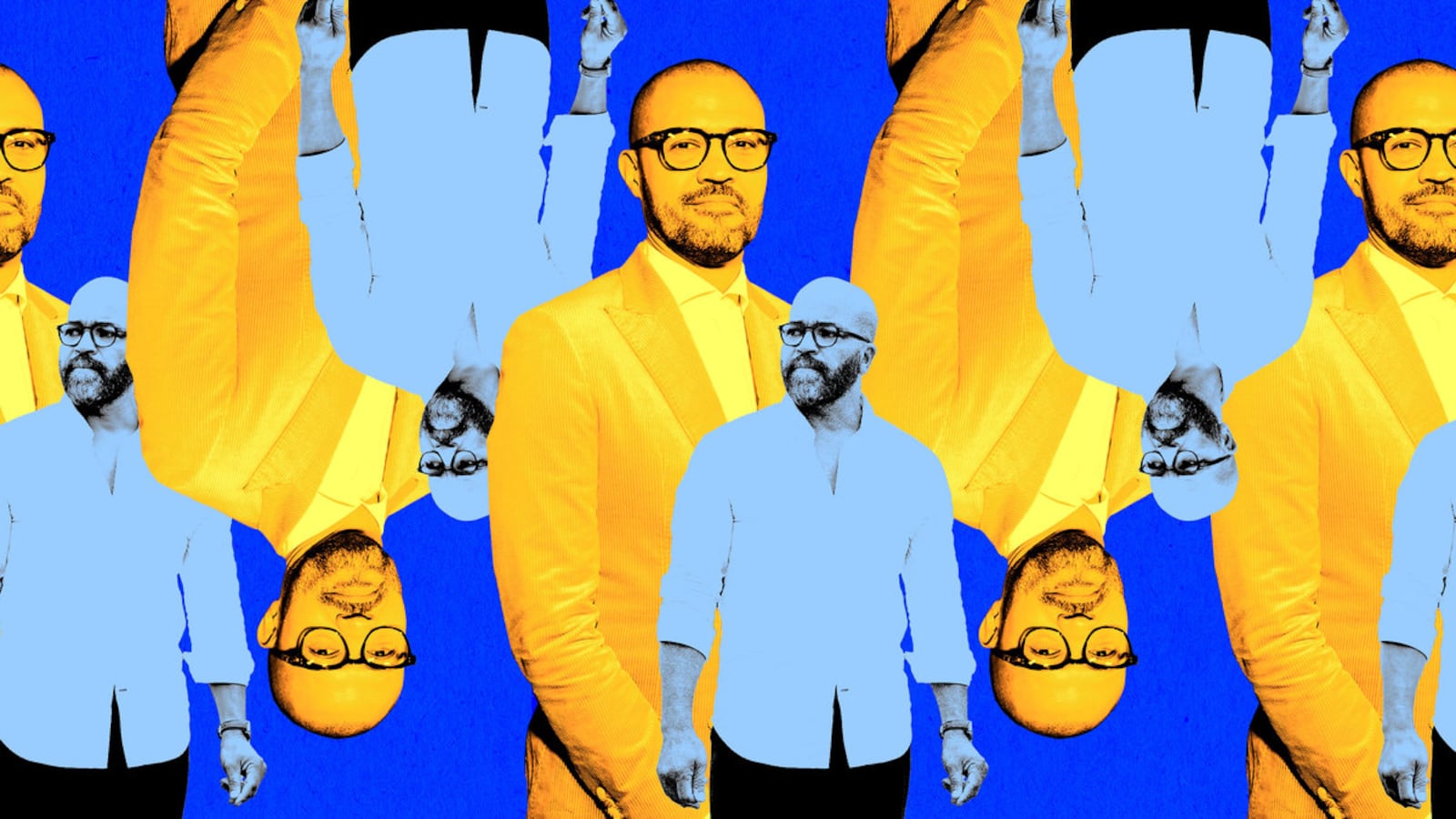 A photo illustration of Cord Jefferson and Jeffrey Wright