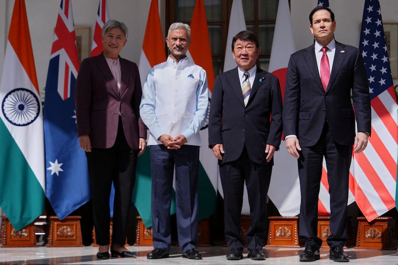 From left, Australian Foreign Minister Penny Wong, India’s Minister of External Affairs S. Jaishankar, Japanese Foreign Minister Toshimitsu Motegi and U.S. Secretary of State Marco Rubio pose before a Quad ministerial meeting at Hyderabad House in New Delhi, India, Tuesday, May 26, 2026.