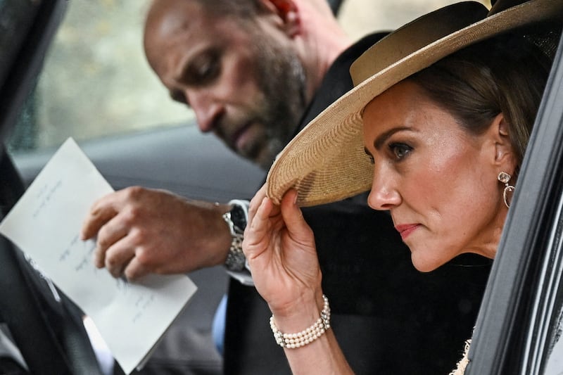 Britain's Kate, Princess of Wales and William, Prince of Wales leave following the wedding of Princess Anne's son, Peter Phillips and Harriet Sperling at All Saints' Church in Kemble, Cirencester, Britain, June 6, 2026. REUTERS/Dylan Martinez       TPX IMAGES OF THE DAY