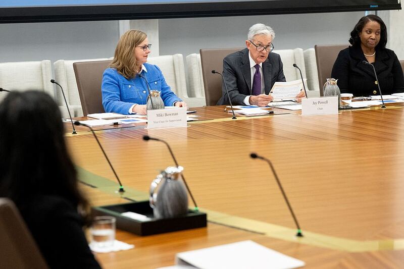 Chairman of the US Federal Reserve Jerome Powell speaks alongside Michelle Bowman (L), Board Vice Chair for Supervision, and Lisa Cook (R), Board Governor, as he chairs a Federal Reserve Board open meeting discussing proposed revisions to the board's supplementary leverage ratio standards at the Federal Reserve Board building in Washington, DC, on June 25, 2025. (Photo by SAUL LOEB / AFP) (Photo by SAUL LOEB/AFP via Getty Images)