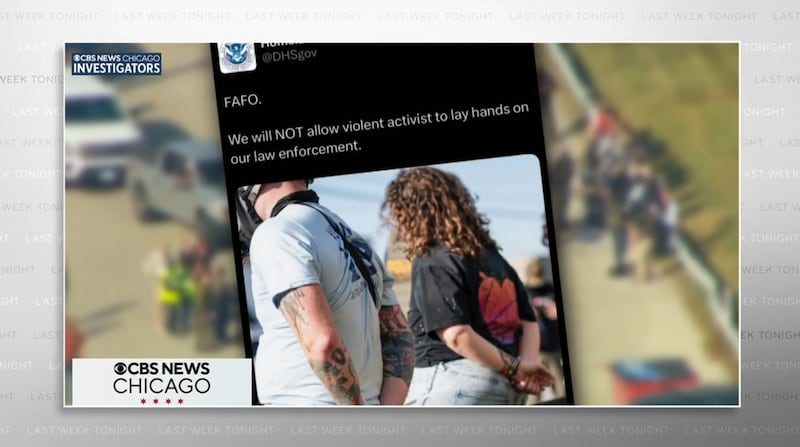 Last Week Tonight showing clip from CBS News Chicago, Homeland Security posting on X about allegedly violent activists.
