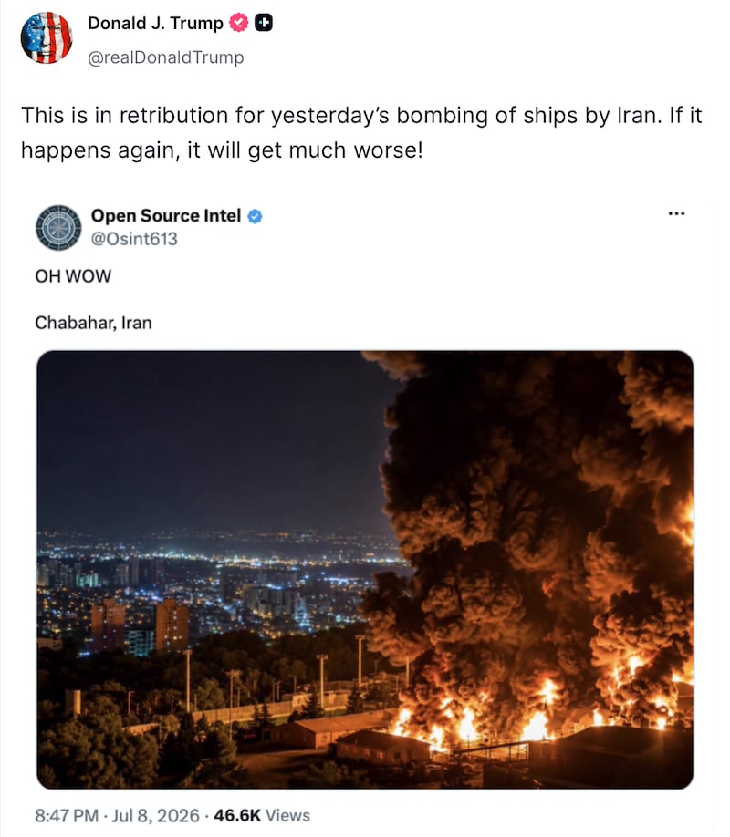 Donald Trump shares a photo from June 2025, saying it was "retribution for yesterday's bombings" by Iran.