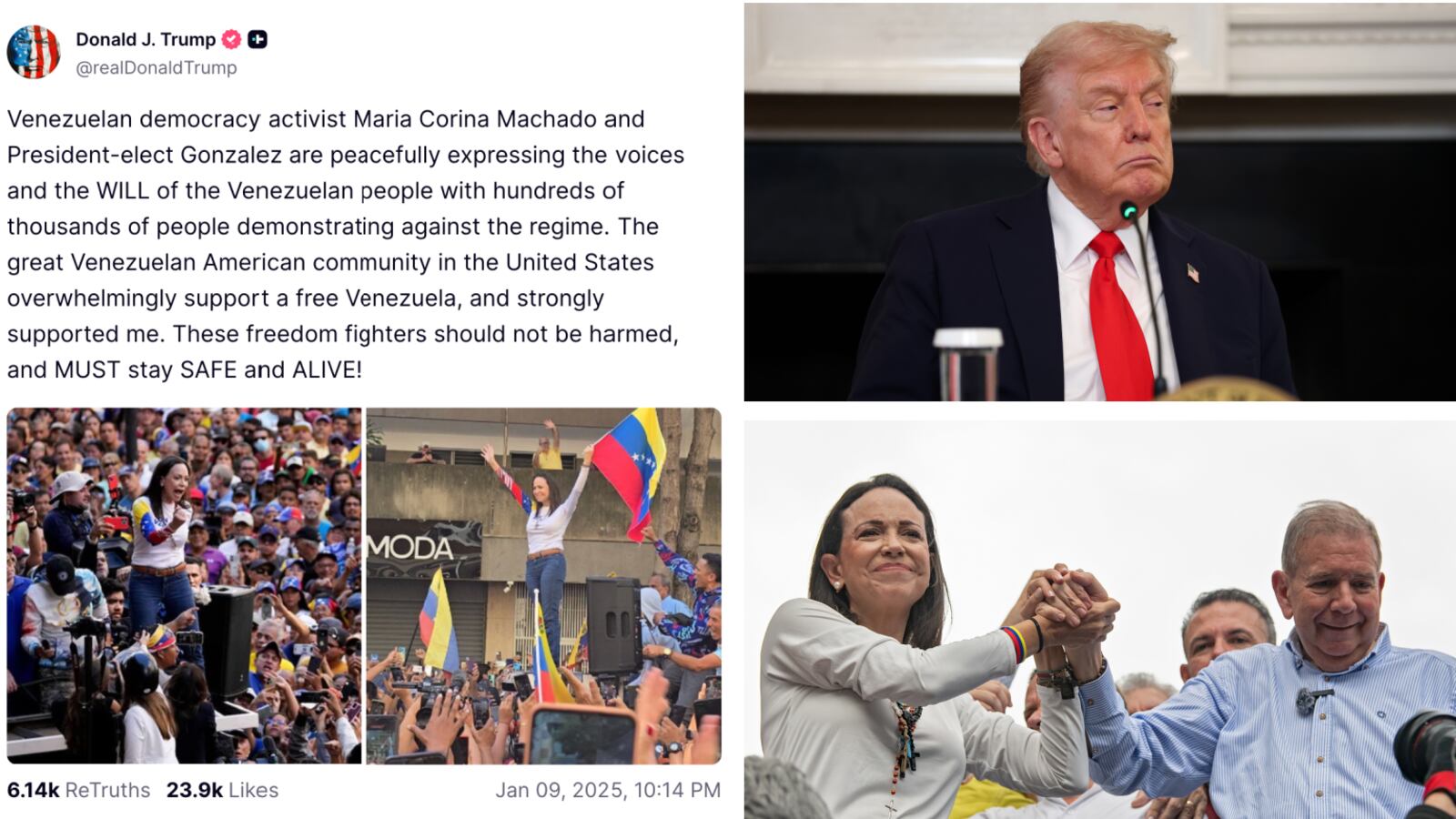 Trump's Truth Social post, Donald Trump, and Machado and Gonzalez