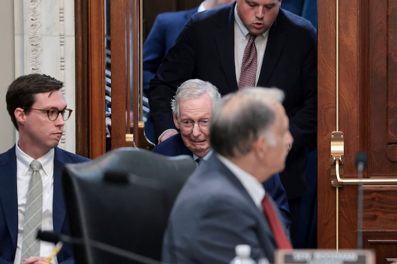 U.S. Senator Mitch McConnell (R-KY), reacts as his wheelchair hits a bump during his arrival for a Senate Agriculture Committee meeting on whether to vote the farm bill out of committee on Capitol Hill in Washington, D.C., U.S., September 16, 2026.