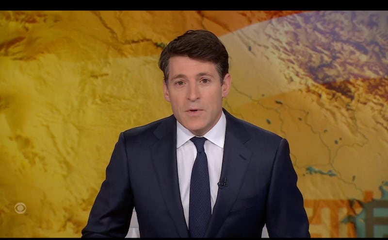 Tony Dokoupil presents a special broadcast covering the U.S. and Israel attacks on Iran in a suit and tie from his anchor desk.