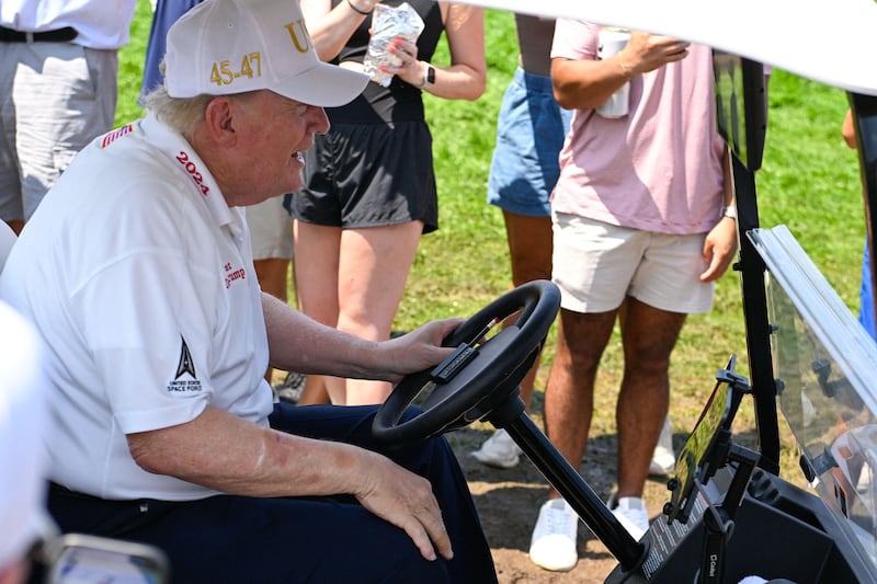 Aug 8, 2026; Bedminster, New Jersey, USA; President Donald Trump attends the third round of the LIV Golf New York tournament at Trump National Bedminster. Mandatory Credit: Dennis Schneidler-Imagn Images