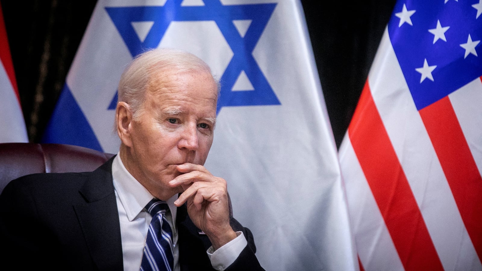 President Joe Biden pauses during a meeting with Israeli Prime Minister Benjamin Netanyahu to discuss the ongoing conflict between Israel and Hamas, in Tel Aviv, Israel, Oct. 18, 2023.