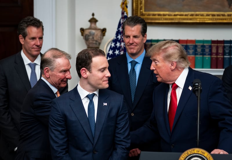 WASHINGTON, DC - AUGUST 19: Cameron Winklevoss, chief executive officer and co-founder of Gemini Space Station Inc., from left, Paul Atkins, chairman of the US Securities and Exchange Commission (SEC), Michael Selig, chair of the Commodity Futures Trading Commission (CFTC), Tyler Winklevoss, president and co-founder of Gemini Space Station Inc., and US President Donald Trump during a meeting with crypto and prediction market executives in the Roosevelt Room of the White House on Aug. 19, 2026 in Washington, DC. (Photo by Al Drago/Getty Images)