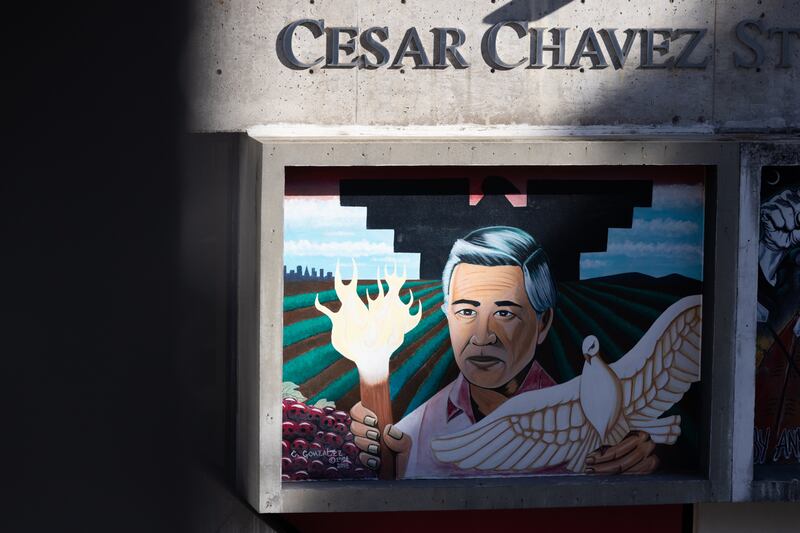 SAN FRANCISCO, CALIFORNIA - MARCH 18: A mural of Cesar Chavez is displayed at San Francisco State University on March 18, 2026 in San Francisco, California. Labor activist Cesar Chavez has been accused in an investigation of sexual abuse of women and minors. Photo by (Benjamin Fanjoy/Getty Images)