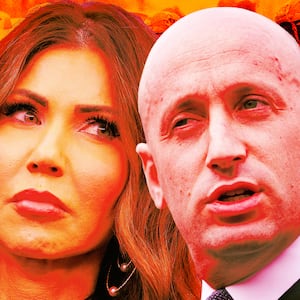 A photo illustration of Kristi Noem and Stephen Miller.