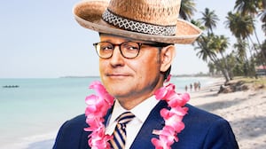 A photo illustration of Mike Johnson on a beach vacation.